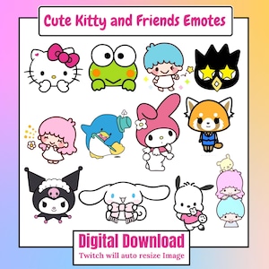 May include: A collection of cute cartoon character emotes, including Hello Kitty, a frog, and a red panda. The text "Cute Kitty and Friends Emotes" is at the top, and "Digital Download" is at the bottom. The image is designed for Twitch.