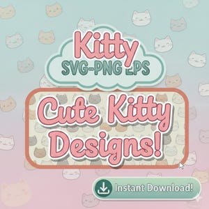 以下が含まれることがあります： 「Kitty SVG-PNG EPS」の文字が入ったデジタルデザイングラフィック。雲の形をしたバナーの上に「Cute Kitty Designs！」と書かれた長方形のバナーがあります。背景はピンクと青のグラデーションで、猫の顔が繰り返されています。