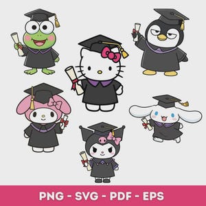 Graduation Kitty SVG Bundle: Cartoon Capybara Clipart (png, svg, pdf)