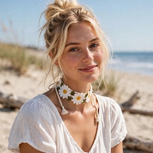 May include: A crochet choker necklace featuring a repeating pattern of white daisy flowers with yellow centers and green leaves. The necklace is constructed from white yarn and includes two thin braided ties with small tassels hanging from the ends.