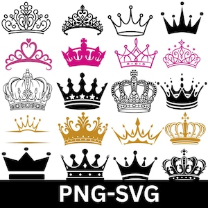 Kronen-SVG- und PNG-Bundle, über 20 Schnittdateien für Königinnen- und Königstiaras, königliches Split-Monogramm, Prinzessinnen-Party-Clipart, Vinyl, Cricut, Silhouette, kommerzielle Nutzung