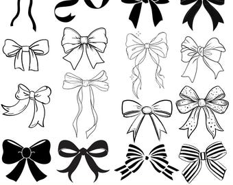 Paquete de lazos SVG PNG / 16 imágenes prediseñadas de lazos coquetos / Archivos de corte de cinta en blanco y negro / Arte lineal dibujado a mano / Cricut Silhouette / Uso comercial