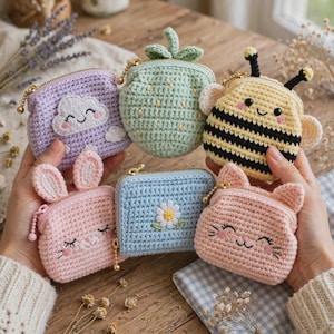 May include: Six small, crocheted coin purses in various shapes and colors. The collection includes a lavender cloud, a light green strawberry, a yellow and black bee, a pink rabbit, a light blue daisy, and a pink cat, all featuring gold zippers.
