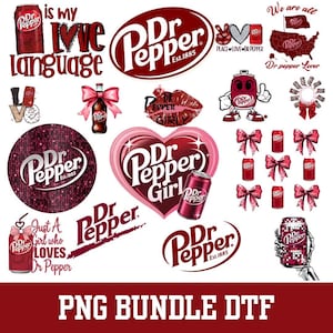May include: A digital collection of Dr. Pepper themed graphics featuring soda cans, logos, hearts, bows, and text such as is my love language, Dr. Pepper Girl, and We are all Dr. Pepper Lover. The designs include red, pink, and white color schemes.