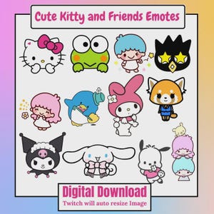 May include: A selection of cartoon character emotes, such as Hello Kitty, a frog, and a penguin, with the text "Cute Kitty and Friends Emotes" at the top and "Digital Download" at the bottom. The image is designed for Twitch.
