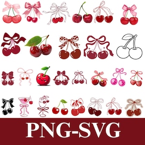 May include: A collection of cherry illustrations in various styles. Some cherries are depicted with bows, others with leaves, and some are cartoon-like. The color palette includes red, pink, and brown. The bottom of the image has the text "PNG-SVG".