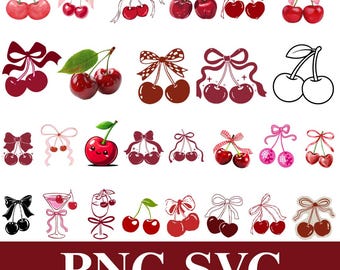 Cherry SVG PNG Bundle | Cute Retro Fruit Cut Files | Coquette Cherry Clipart | Cricut Silhouette Sublimation PNG | Vintage Cherry Design
