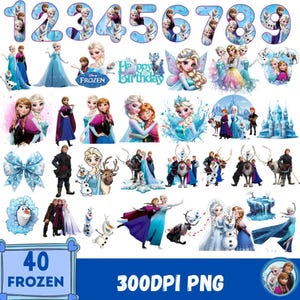 Puede incluir: Una colección de 40 imágenes gráficas digitales con personajes de la película Frozen, incluyendo a Elsa, Anna, Olaf, Kristoff y Sven. El conjunto incluye los números del uno al nueve, un letrero de Happy Birthday, un castillo y un lazo azul.