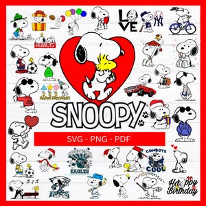 Puede incluir: Una colección de gráficos del personaje Snoopy en varias poses, incluyendo a Snoopy con un corazón, globos y un gorro de Papá Noel. La imagen incluye el texto "SNOOPY" y "SVG - PNG - PDF".