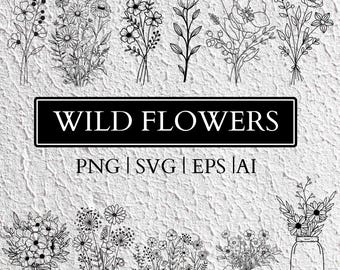 Wild Flower Line Art SVG PNG Bundle | Floral Outline Cut Files | Botanical Cricut Designs | Minimal Boho Flower Clipart | Digital Download