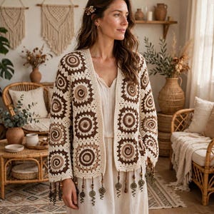 May include: A long-sleeved crochet cardigan featuring a repeating pattern of circular motifs in shades of cream, tan, and dark brown. The open-front garment is finished with a bottom hem adorned with dangling wooden beads and metal spiral charms.