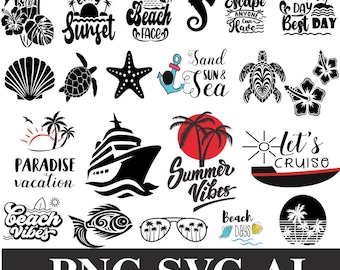 Beach SVG Png Bundle, Summer Vacation Cut Files, Tropical Beach Quotes SVG, Ocean Waves PNG Bundle, Cricut Silhouette Files,Instant Download