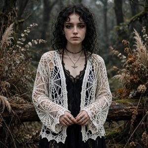 May include: A cream-colored, open-front crochet cardigan featuring an intricate spiderweb pattern throughout the long sleeves and body, worn over a black lace camisole. The garment is styled with a layered silver necklace featuring a bat pendant.