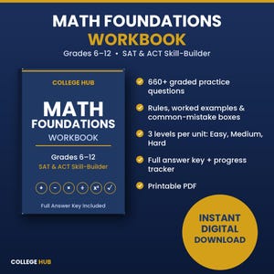 Cuaderno de ejercicios de fundamentos matemáticos para los grados 6-12, preparación para los exámenes SAT y ACT de matemáticas, PDF imprimible con clave de respuestas.
