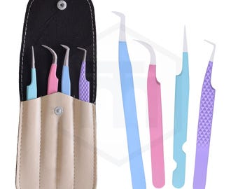 Colorful Eyelash Extension Tweezers Set | Stainless Steel Lash Tools with Case