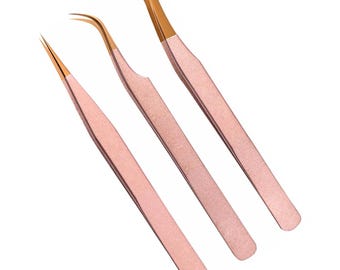 Rose Gold Lash Tweezers Set – 3PC Eyelash Extension Tools, Straight, Curved, Volume Tweezers