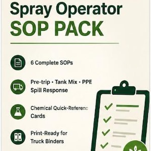 May include: A digital document titled Field Operations Word Doc Spray Operator SOP Pack. It lists 6 complete SOPs, pre-trip, tank mix, PPE, spill response, chemical quick-reference cards, and print-ready for truck binders with a clipboard icon.