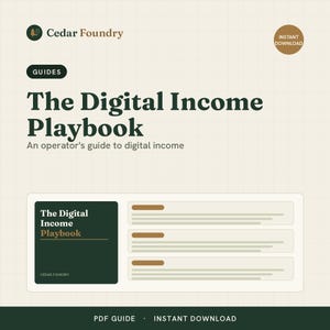 May include: A digital guide titled The Digital Income Playbook by Cedar Foundry. The document features a cream background with a grid pattern, dark green text, and brown accents. It includes a section with three bulleted list placeholders.
