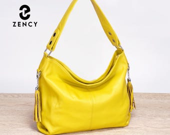 Gelbe echte Ledertasche mit Quaste, Frauen Hobo Tote Crossbody Schulter Geldbörse