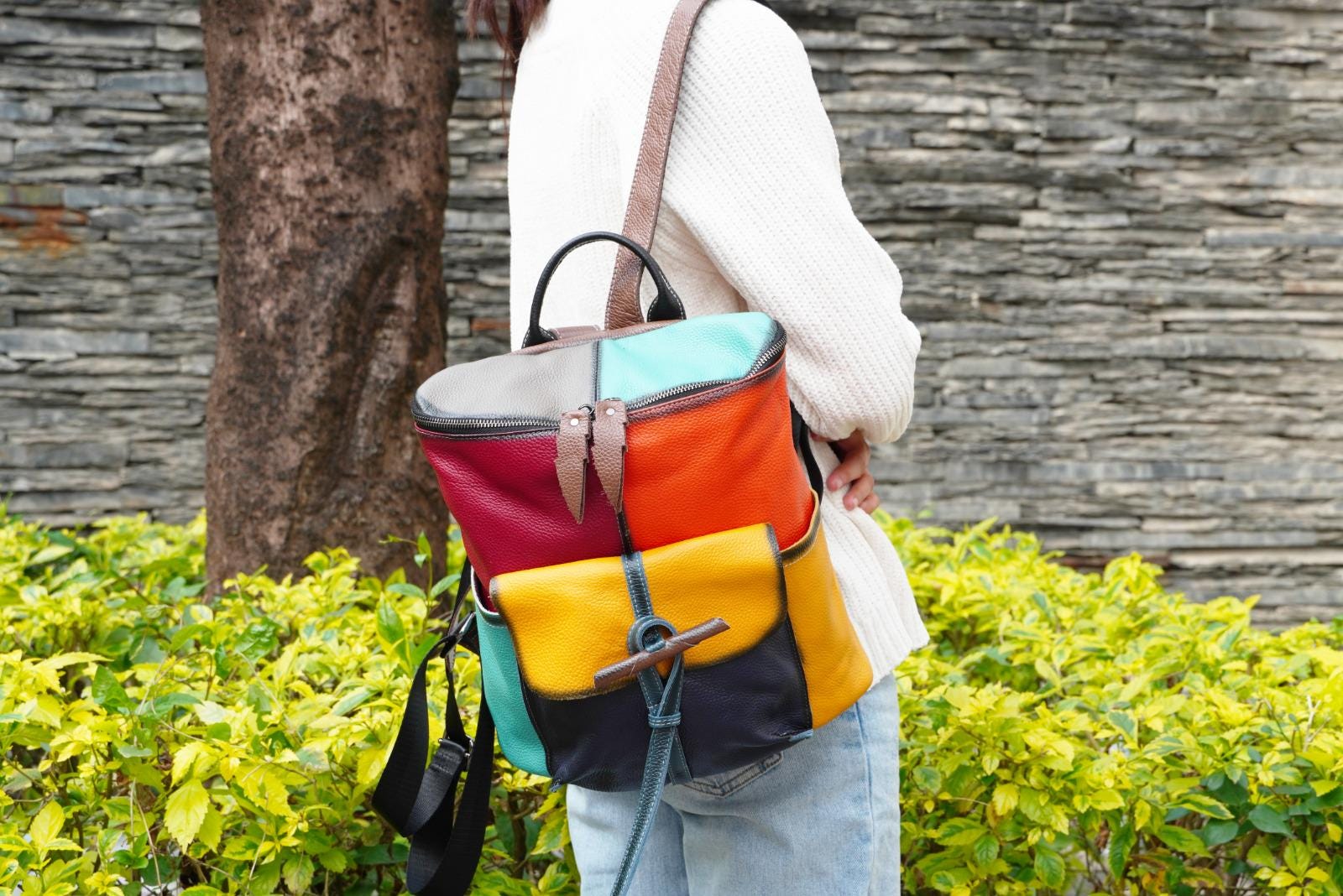 Colorful Genuine Leather Women City Rucksack Large Everyday Travel ...
