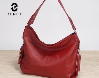 Women Red Genuine Leather Handbag, Soft Hobo Tote with Crossbody Strap