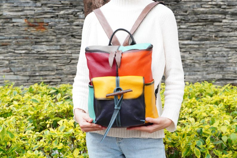 Colorful Genuine Leather Women City Rucksack Large Everyday Travel ...