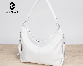 Genuine White Leather Shoulder Bag for Women, Soft Hobo Tote Purse