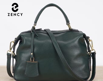 Green Bag, Zency Genuine Leather Tote Handbag, Women Crossbody Purse with Removable Adjustable Strap