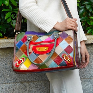 Patchwork Genuine Leather Tote Bag for Women, Colorful Shoulder Crossbody Handbag, Large Everyday Bag