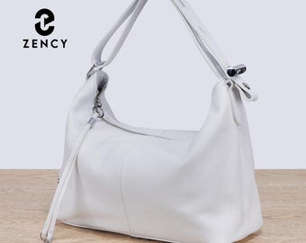 White Leather Tote Bag, Genuine Leather Crossbody with Tassel