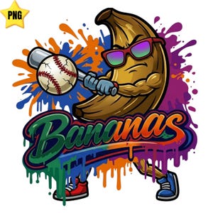 Op de afbeelding: Een cartoon bananenfiguur met gespierde armen, een zonnebril en sneakers, die een honkbal knuppel vasthoudt en een honkbal slaat. Het woord Bananas staat in een gestileerd lettertype onder het figuur, tegen een achtergrond van kleurrijke verfspatten.