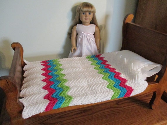 Hand Crocheted White With Bright Pink Blue And Green Stripes Doll Afghan Blanket For 18 American Girl Dolls