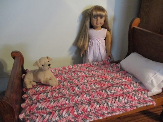 Hand Crocheted Pink Gray And White Doll Afghan Blanket For 18 American Girl Dolls