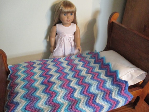 Hand Crocheted Blue White Purple Turquoise Ripple Doll Afghan Blanket For 18 American Girl Dolls