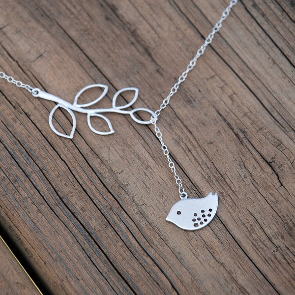 Lovely Bird and Branch LARIAT necklace with Sterling Silver Chain