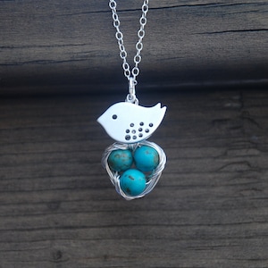 Lovely, Mom Bird And Baby Eggs In Nest, Sterling Silver Necklace, Turquoise beads, Bird nest pendant, Mother's day Gift, GIft for moms image 1