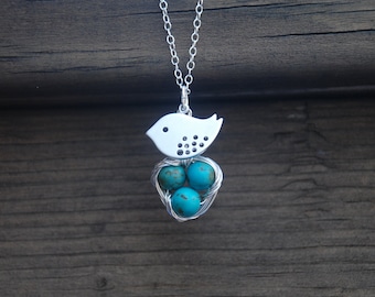 Lovely, Mom Bird And Baby Eggs In Nest, Sterling Silver Necklace, Turquoise beads, Bird nest pendant, Mother's day Gift, GIft for moms