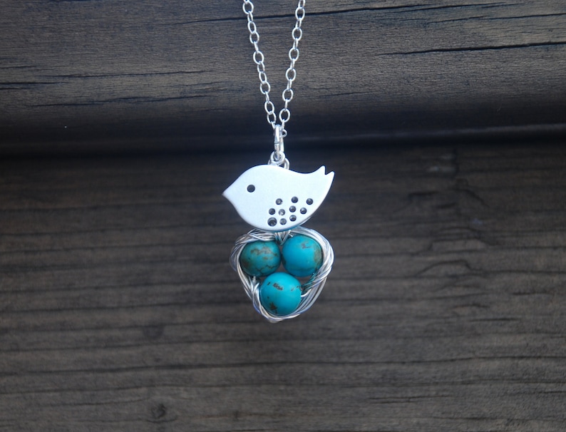 Lovely, Mom Bird And Baby Eggs In Nest, Sterling Silver Necklace, Turquoise beads, Bird nest pendant, Mother's day Gift, GIft for moms image 1