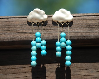 Endless Rain, Gold Studs, Turquoise Earrings, Rain studs, Gold clouds, Bridal gift, birthdya gift, unique danging earrings