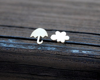 I met you in the rain, Tiny, Gold, Cloud and Umbrella studs, Sterling Silver Posts, Cloud, Umbrella, Birthday gift, sweet 16 gift