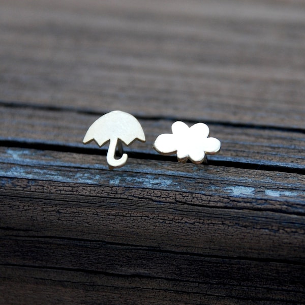 I met you in the rain, Tiny, Gold, Cloud and Umbrella studs, Sterling Silver Posts, Cloud, Umbrella, Birthday gift, sweet 16 gift