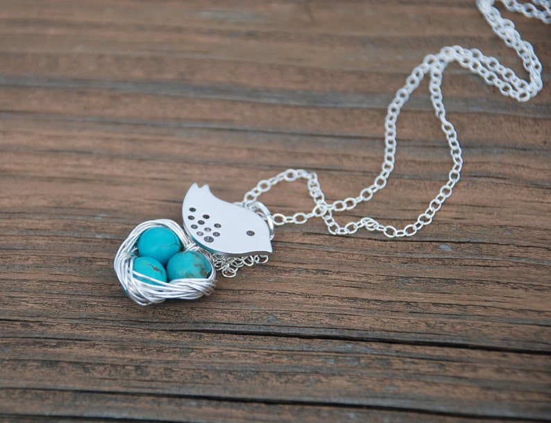 Lovely, Mom Bird And Baby Eggs In Nest, Sterling Silver Necklace, Turquoise beads, Bird nest pendant, Mother's day Gift, GIft for moms image 2