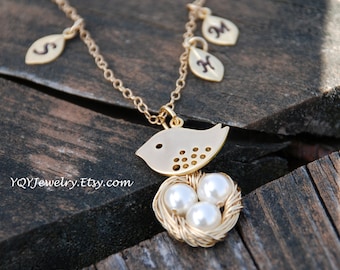 Mom Bird And Baby Eggs In Nest, 14k Gold Filled Necklace, Initial leaf charms, Bird Nest, Personalized, Mother's day Gift, GIft for moms