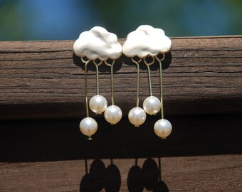 HAPPY SNOW DAY, Gold Cloud Studs, Pearl earrings, Snow earrings, Weather jewelry, birthday gift, unique dangling earrings