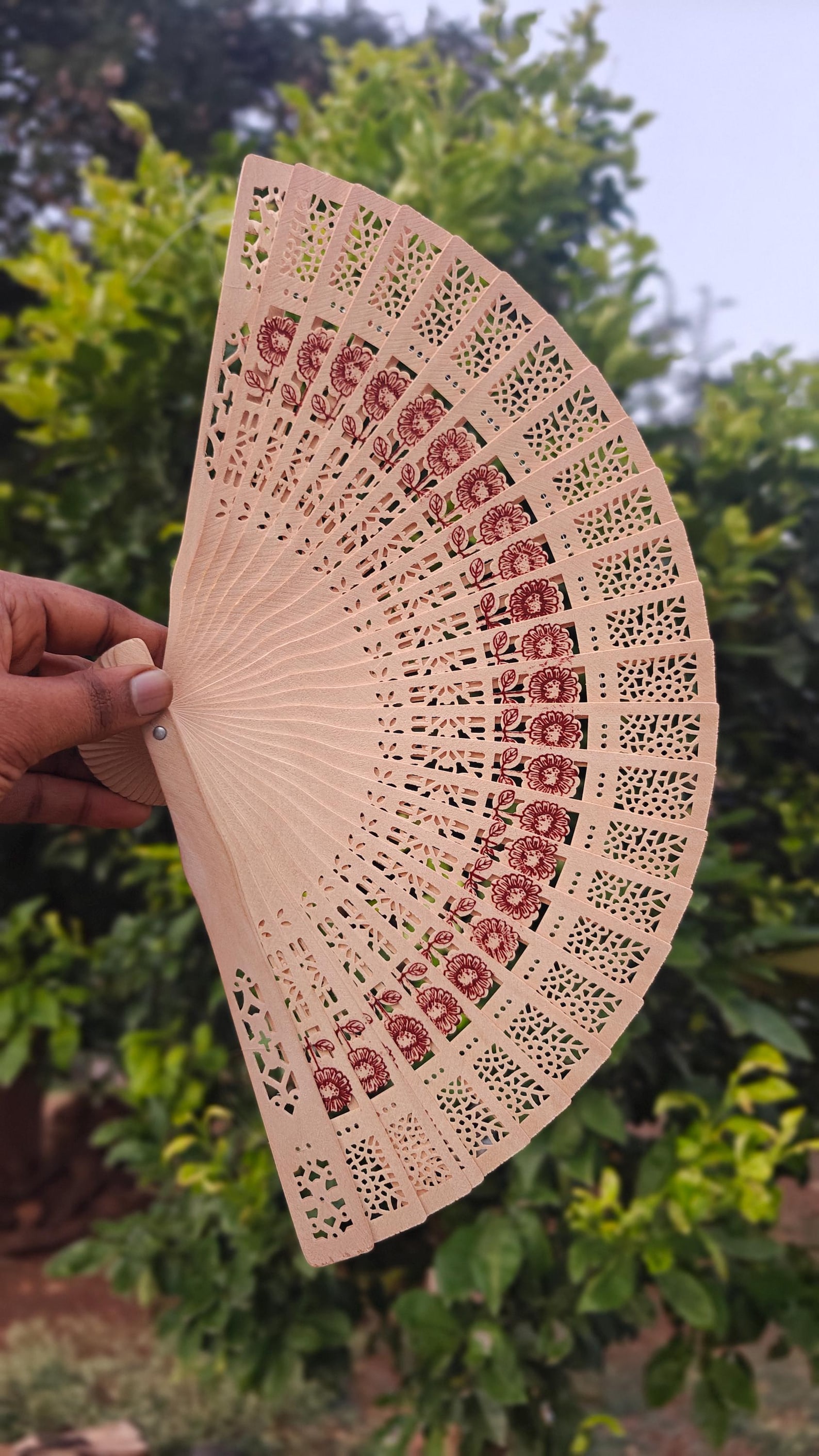 Traditional Handmade Wooden Folding Fan With Floral Carving | Natural ...
