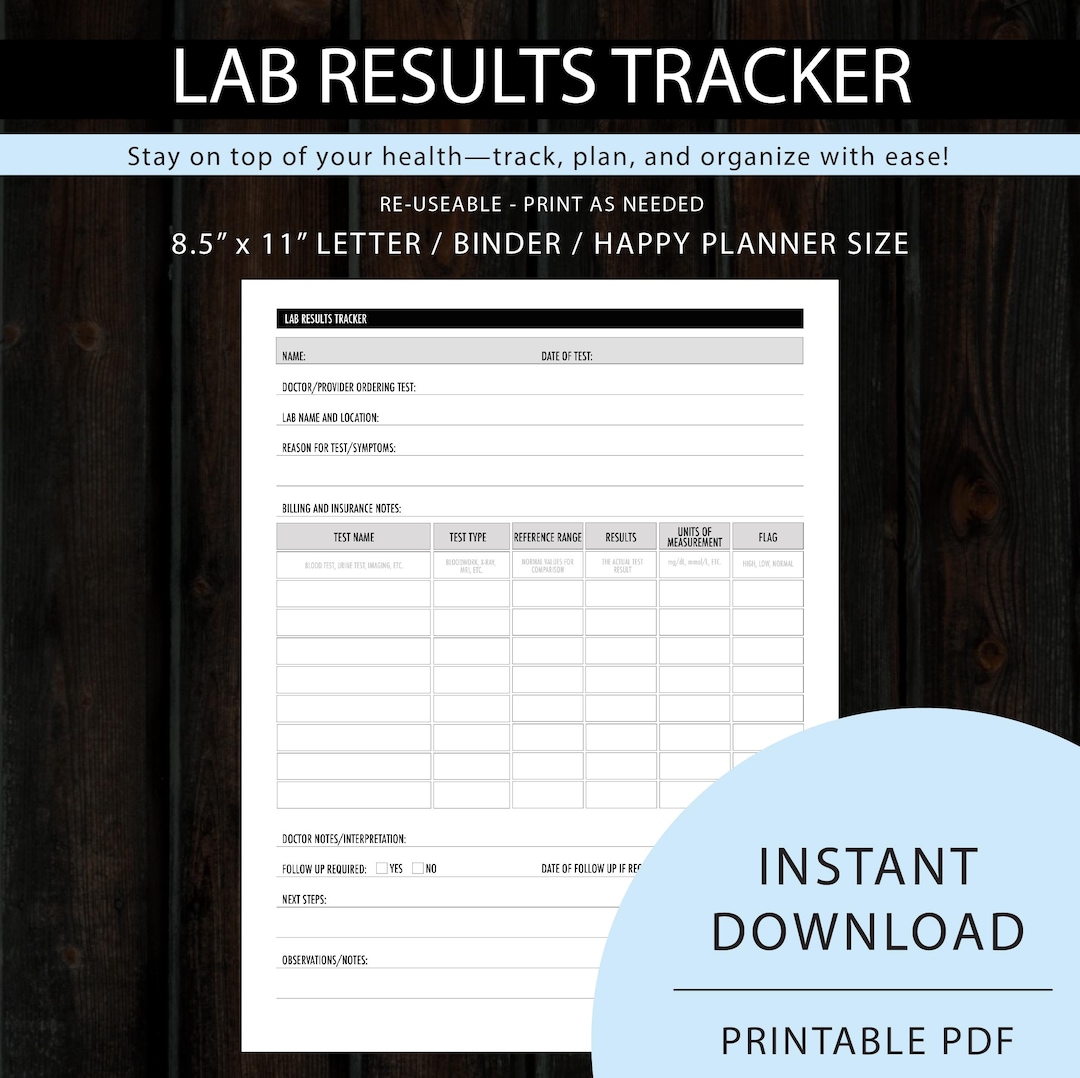 Lab Test Results Tracker Printable | Medical Record Log | Health ...