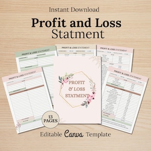 May include: A collection of printable profit and loss statement templates. The documents are in shades of pink, green, and white, with floral accents. The words "Profit and Loss Statement" are prominently displayed. The image also includes the text "Instant Download" and "Editable Canva Template".