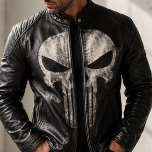Men's Genuine Leather Punisher Skull Biker Jacket – Handmade Cafe Racer Coat
