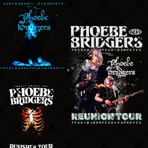 Puede incluir: Un diseño gráfico negro con Phoebe Bridgers y texto que incluye Phoebe Bridgers, Reunion Tour y Punisher Tour. La imagen muestra a una persona tocando la guitarra, una ilustración de una caja torácica y letras estilizadas.