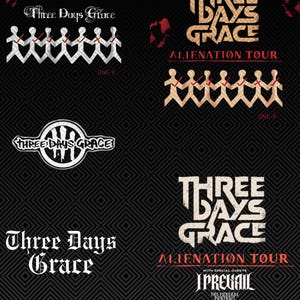 以下が含まれることがあります： 黒い背景に、バンドThree Days Graceに関連する複数のロゴとテキスト。ロゴには、さまざまなフォントのバンド名と、紙人形のチェーンデザインが含まれています。テキストには「Alienation Tour」と「One-X」が含まれています。